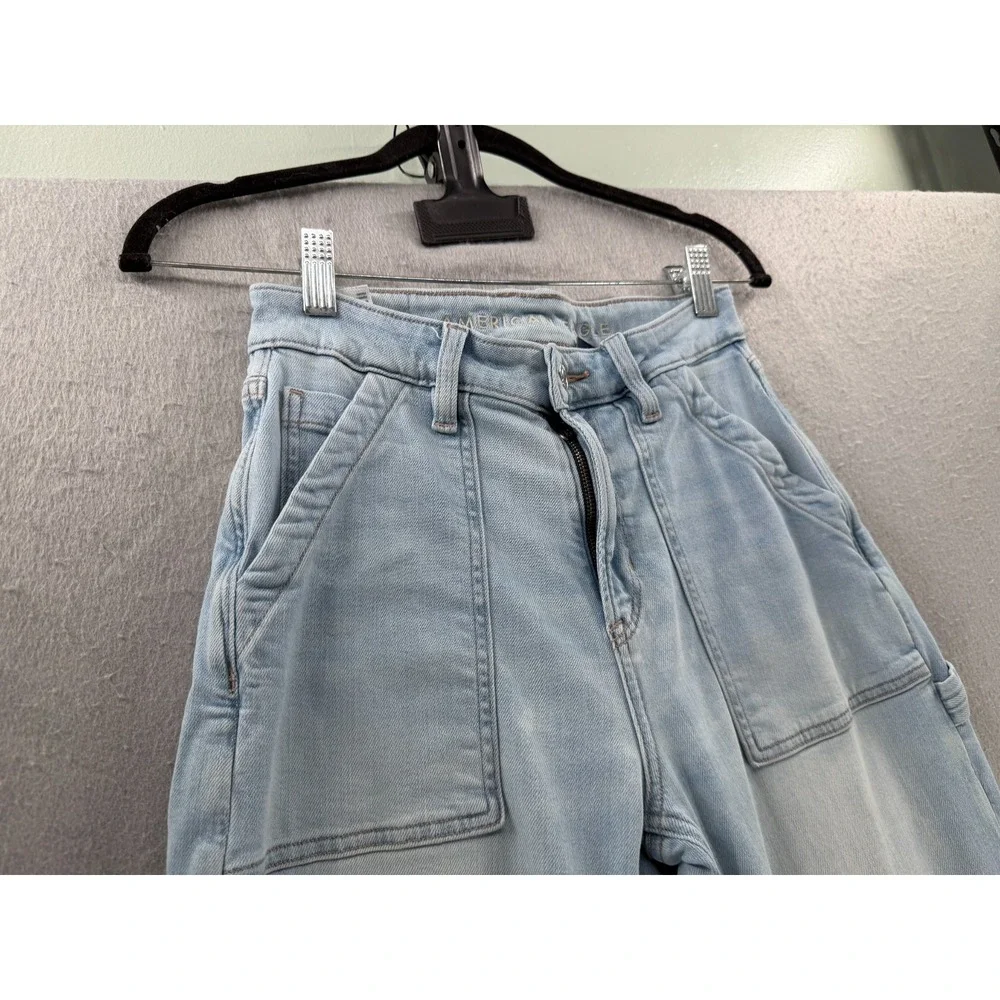 American Eagle Super High Rise Baggy Wide Leg Jeans Women 00 Light Wash Utility* - Picture 3 of 16